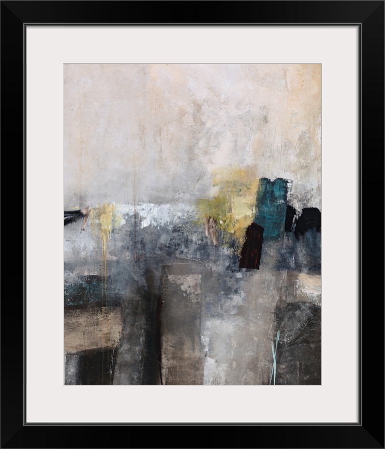 Abstract painting done in soft, muted grays and browns with a hint of white and citron yellow.