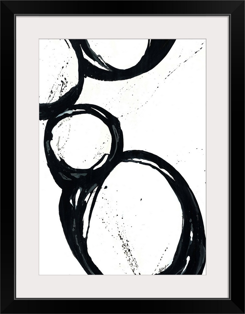 Large vertical abstract modern artwork of different sized circular designs on a blank background.