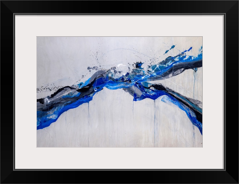 Energetic form in varying shades of blue and black cutting diagonally across the composition.