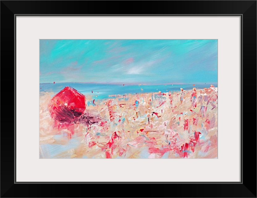 Contemporary painting of a beach scene with a bright red umbrella and deep turquoise water.