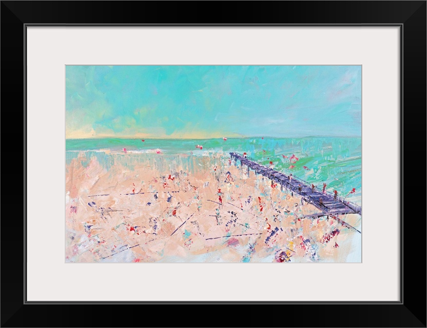 Contemporary artwork of a beach scene with a pier stretching into the ocean.