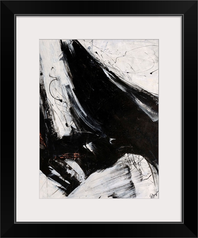 Large abstract art comprised of long brush strokes that boldly fill up the middle of the piece and are surrounded by thinn...
