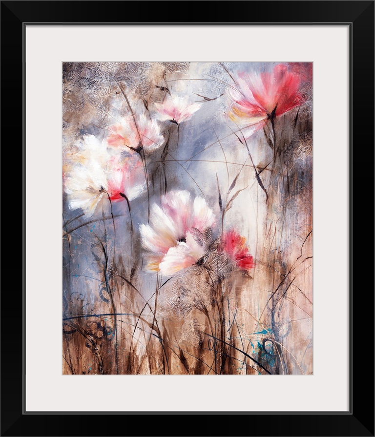 Contemporary painting of soft pale colored flowers against an abstract background.