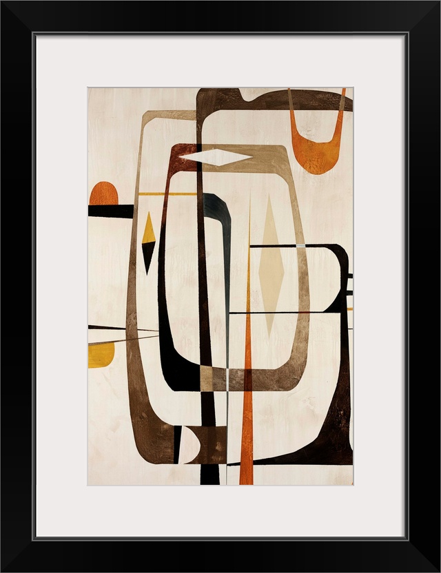 This contemporary painting uses elongated decorative shapes to add movement and depth to this abstract wall hanging.