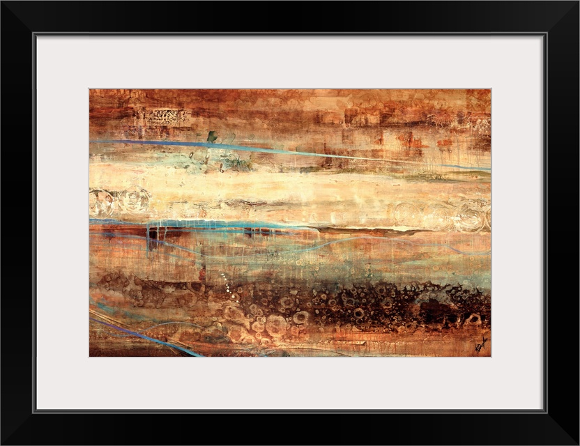 Large, landscape, abstract painting of various horizontal streaks of texture and color in earth tones, that almost appear ...