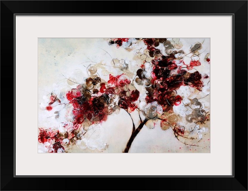 Contemporary art of a single tree branch filled with multicolored circular flowers, on a light neutral background.