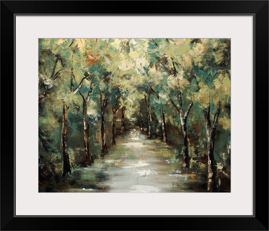 Contemporary landscapes scene of a path running through a vibrant and verdant forest.