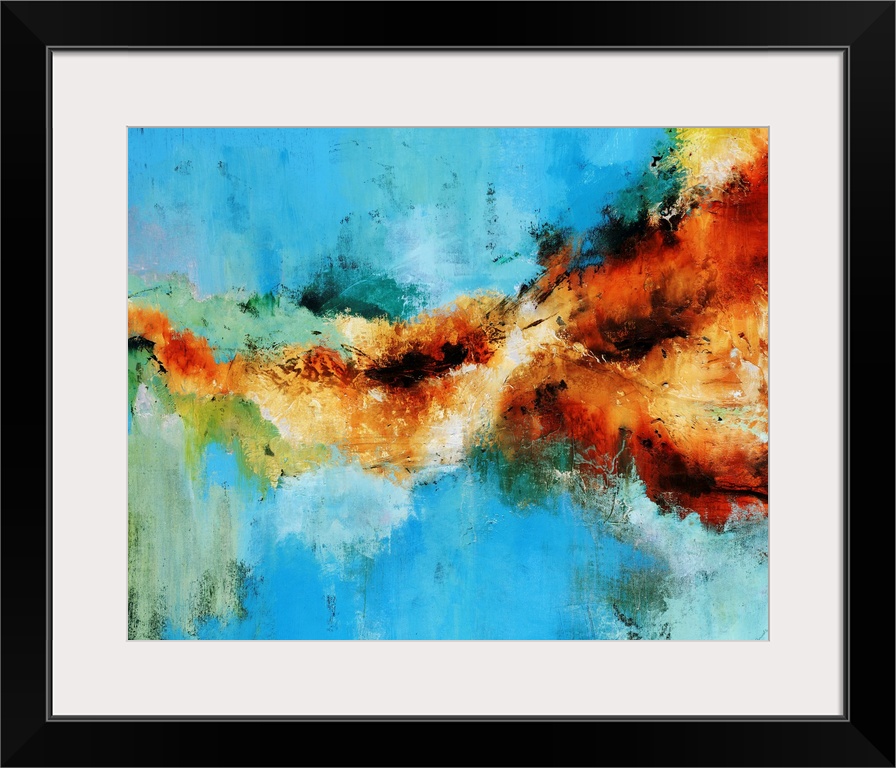 Large abstract painting with warm colors splattered against cool tones.