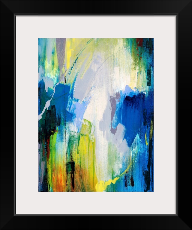 Contemporary abstract painting with bright, cool strokes of color great for home or office docor.