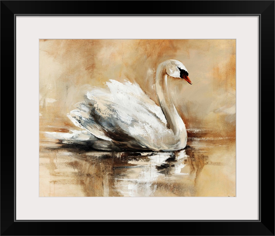 Abstrated painting of a beautiful swan floating gracefully atop a lake.