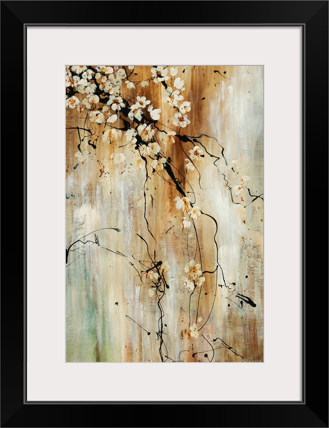 Painting of flower covered tree branches against an abstract background. The branches are free flowing and look like paint...