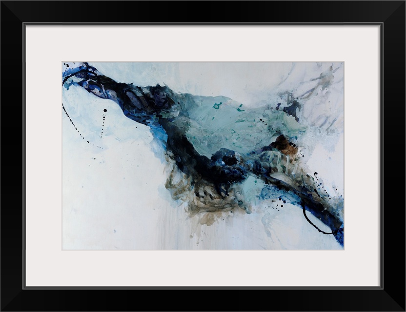 Abstract painting in black and blue against a cool gray background.
