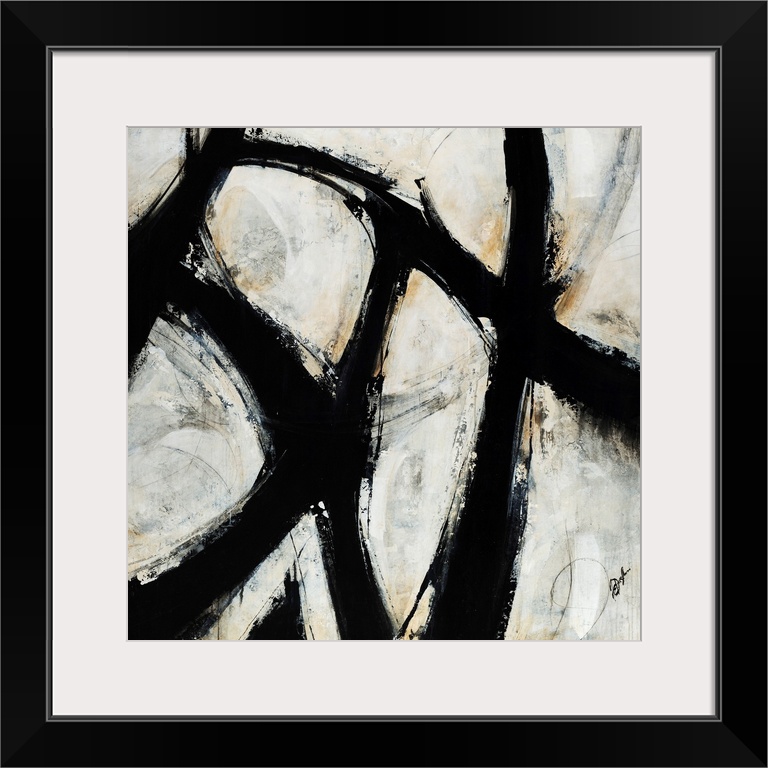 Contemporary abstract painting of black brush strokes over a netural background.