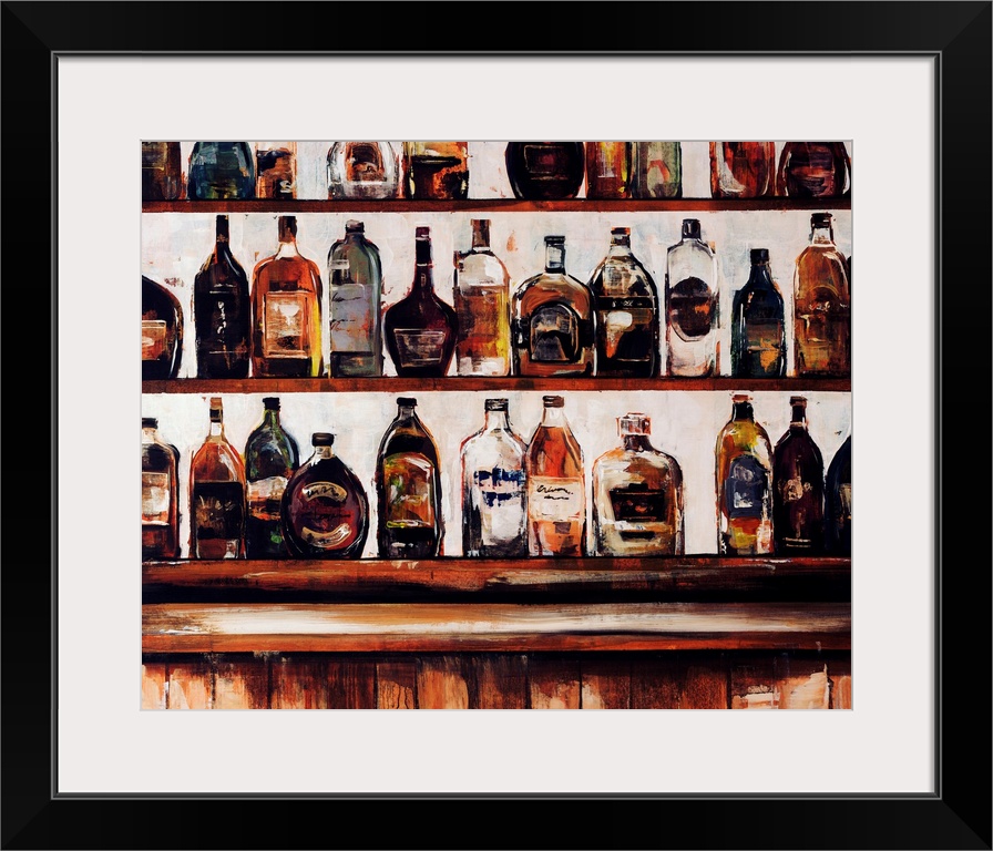 Contemporary painting of shelves of liquor in a bar setting.