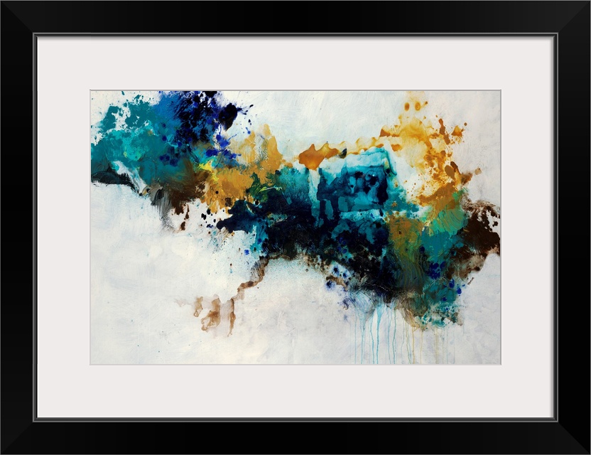 Contemporary abstract painting of a huge splatter in teal, blue and golden yellow hues crossing the compositional horizont...