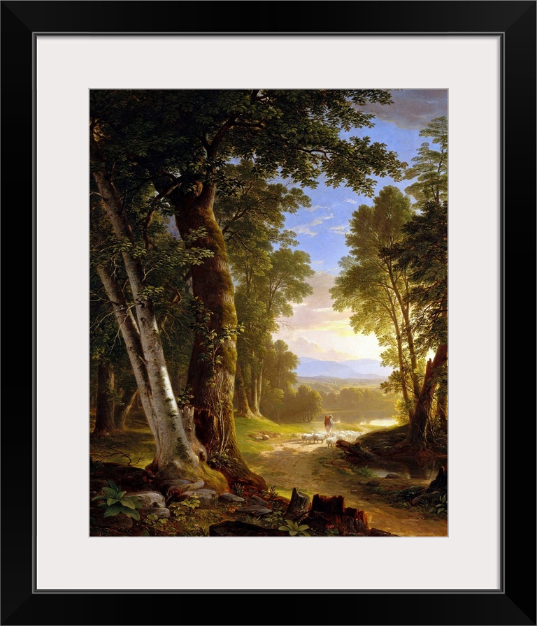 This work, featuring meticulously rendered beech and basswood trees, was painted for the New York collector Abraham M. Coz...