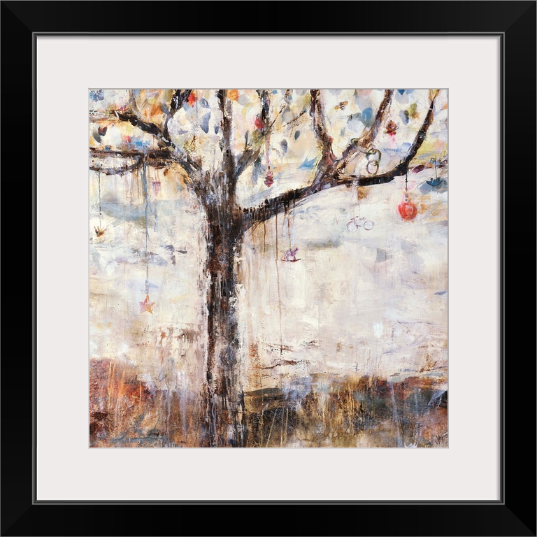 Abstracted painting of a tree with various  charms and bobbles hanging from its branches.