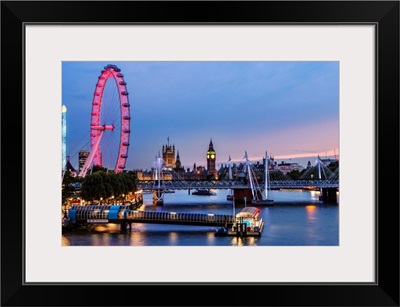 The London Eye, Golden Jubilee Bridge, and River Thames at Dusk, London, England, UK