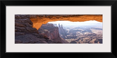 The Mesa Arch with bright sunlight in Canyonlands National Park, Utah