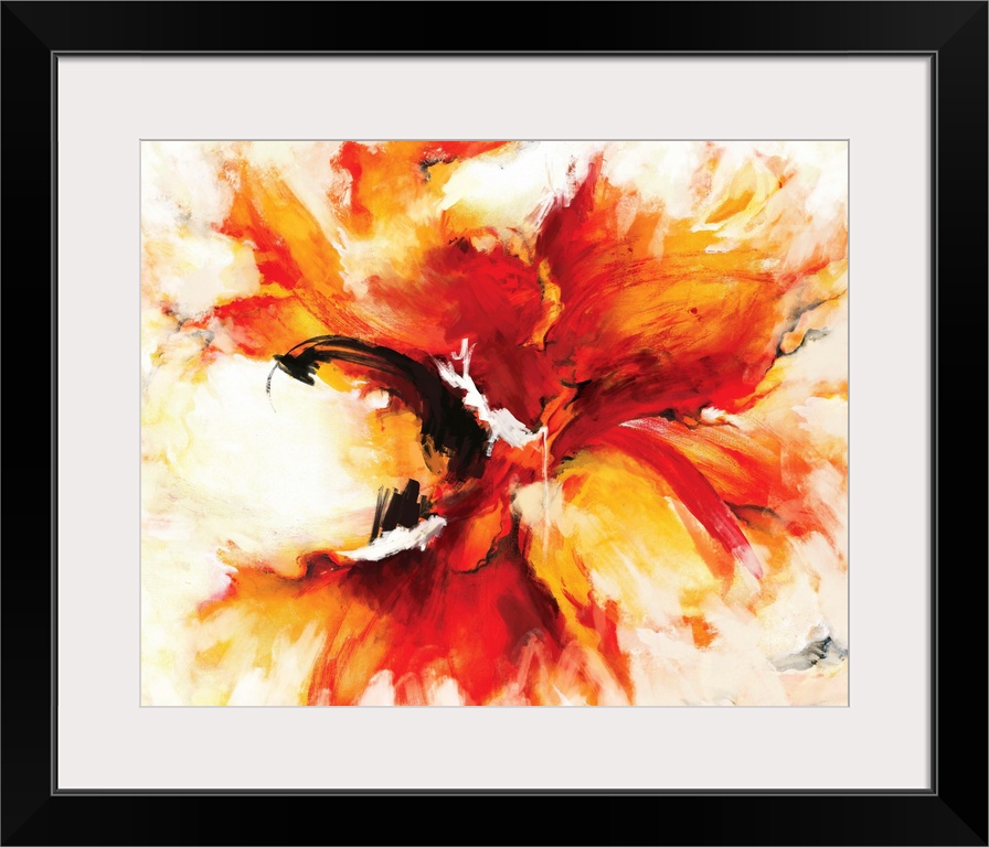 A contemporary abstract painting of a fiery explosion of red and orange with bursts of yellow like a phoenix rising from i...