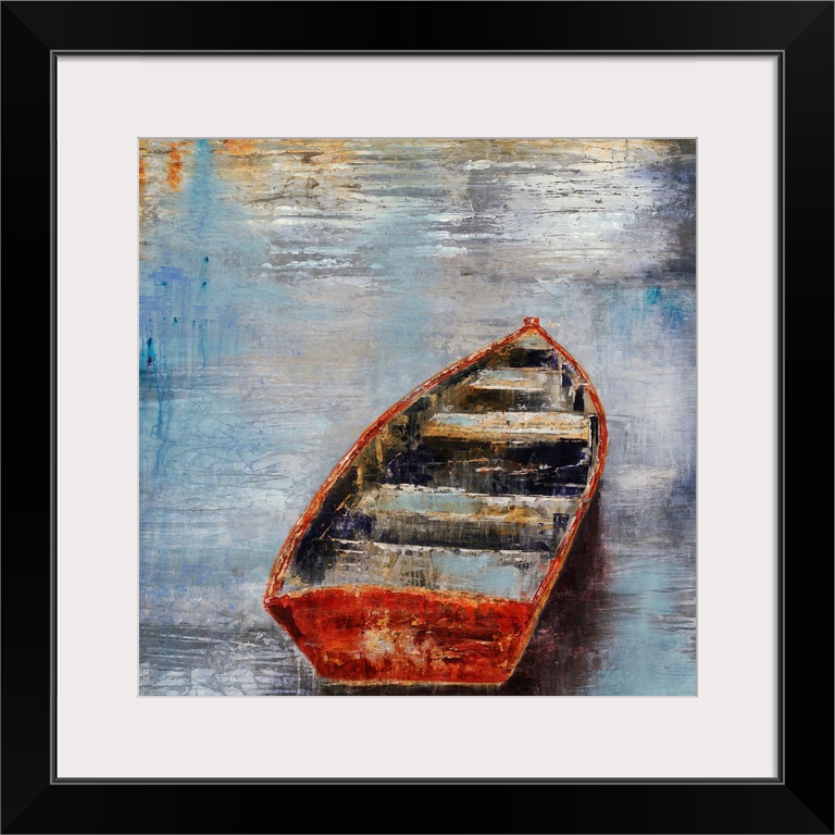 Textured painting of an empty rowboat sitting in calm water at sunset.