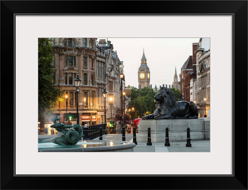 Photograph of the lions at Trafalgar Square with Big Ben in the background, London, England