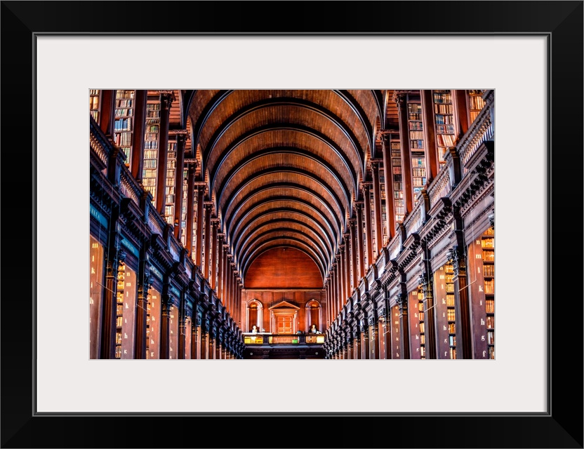 Photograph of the arched wooden ceilings of Trinity College Library, which serves Trinity College and the University of Du...