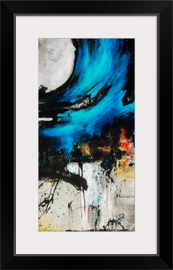 Vertical abstract painting of a large, dark, swirling wave of paint that is splattered on the edges, on a light background...