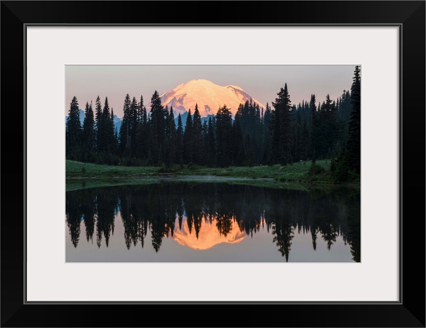 View of Mount Rainier's peak reflection in Upper Tipsoo Lake, Washington.