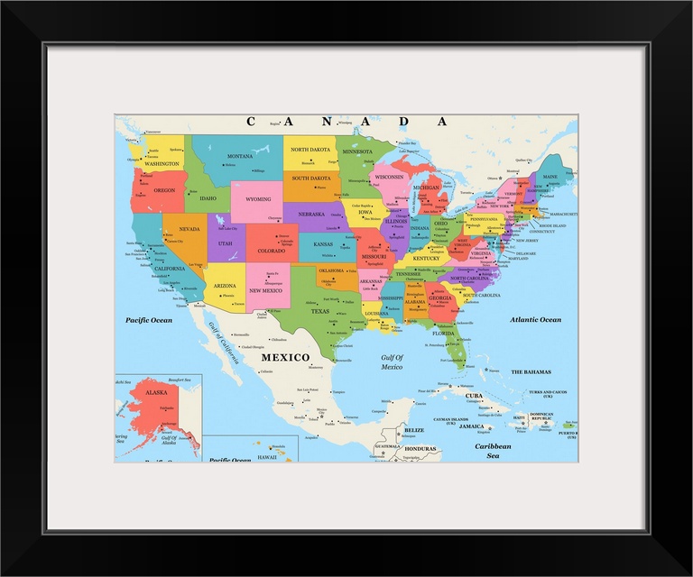 Large color map of the United States of America with a classic font.