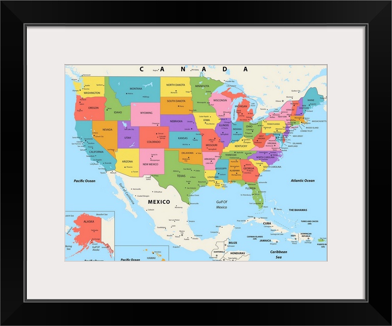 Large color map of the United States of America with a modern font.