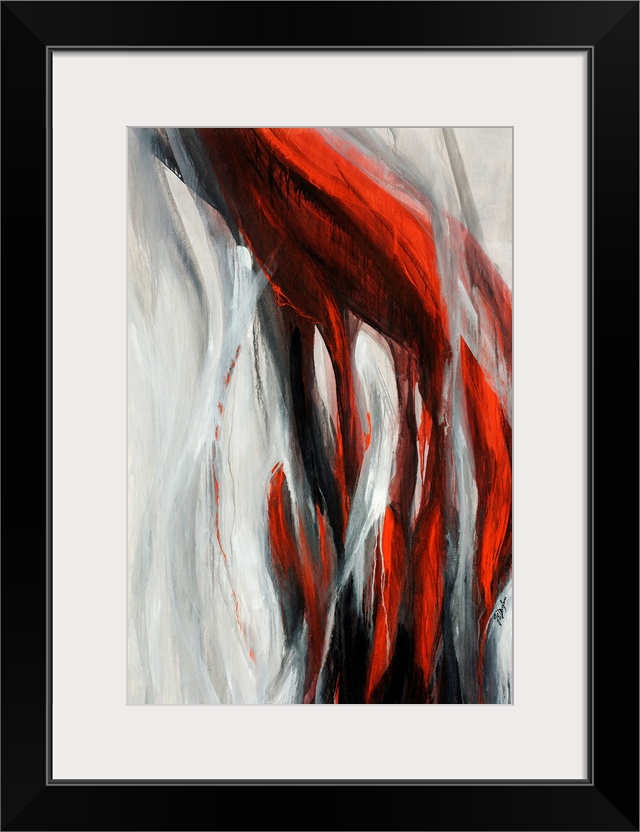 Contemporary abstract painting featuring long trailing strokes, resembling a hand under a hanging veil.