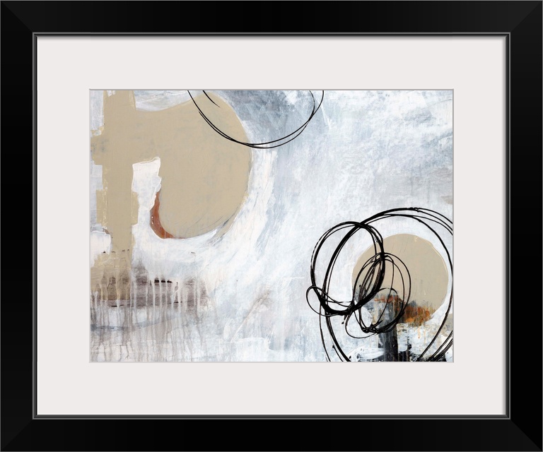 Contemporary abstract painting of dripping paint and scribbled ink circles.