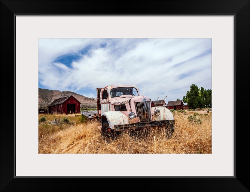 View of a vintage truck near Lake Tahoe in California and Nevada.