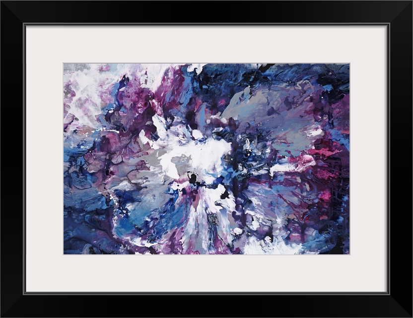 Contemporary abstract painting of clouded forms in various shades of violet.