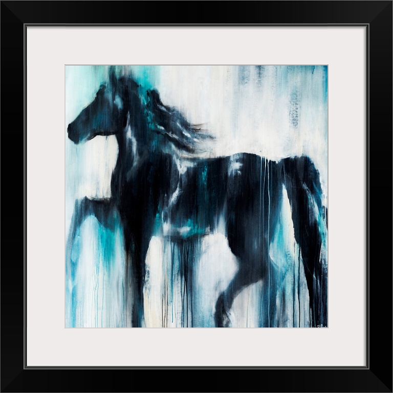 Giant, horizontal painting of a silhouetted profile of a horse on a light background. The entire image appears as if it be...