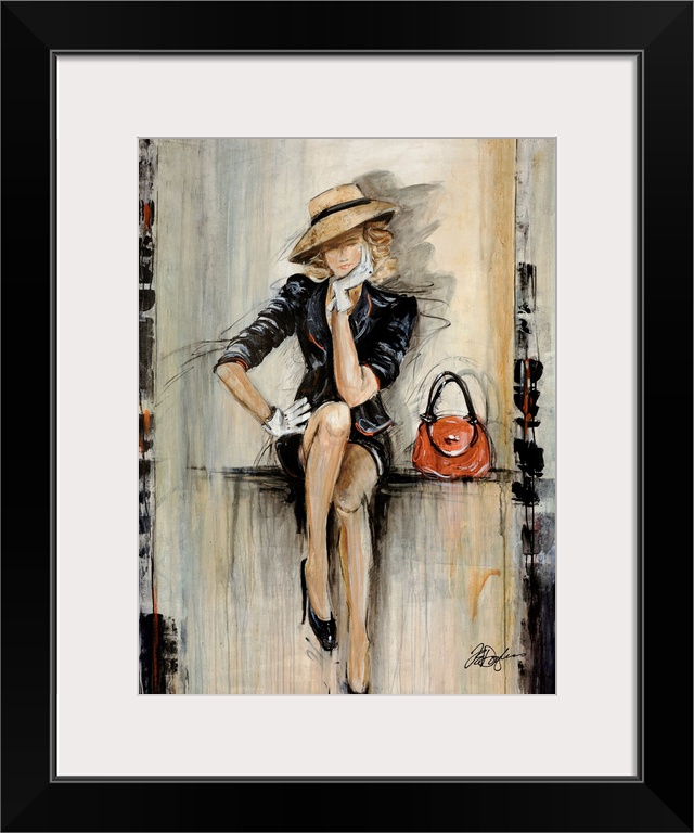 Vertical, figurative art on a big canvas of a woman in a fashionable dark dress and hat, with gloves and high heels, sitti...