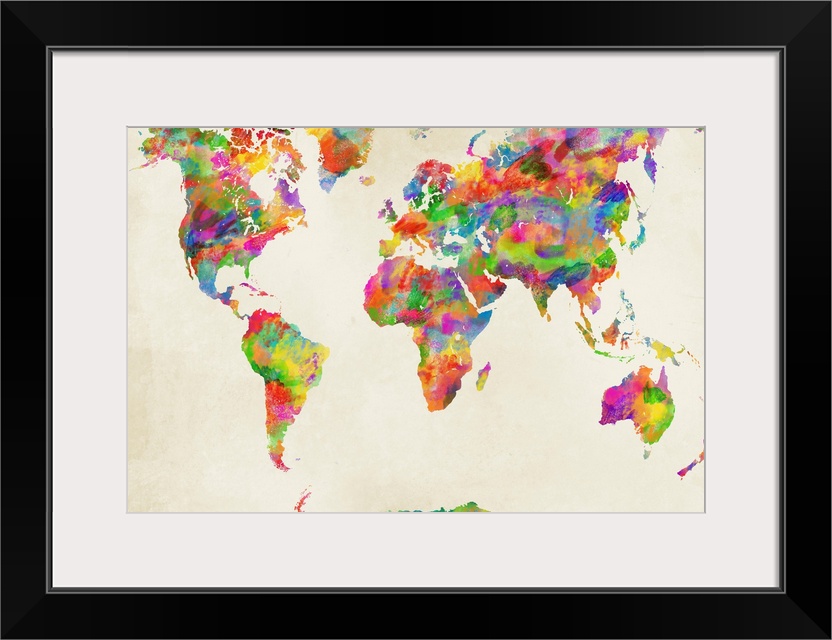 Colorful watercolor map of the World on a neutral background.