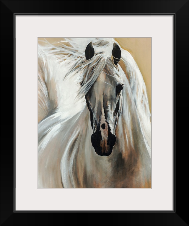 Contemporary painting of a horse galloping with its bright mane and tail flowing behind it.