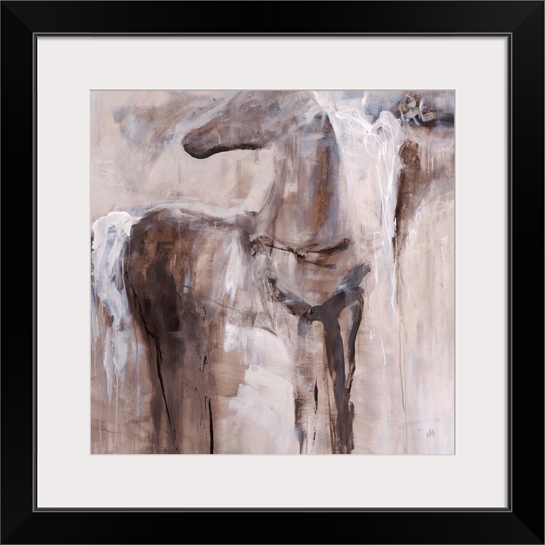 Abstract painting of a figure of a horse fading into the background of earthy tones.