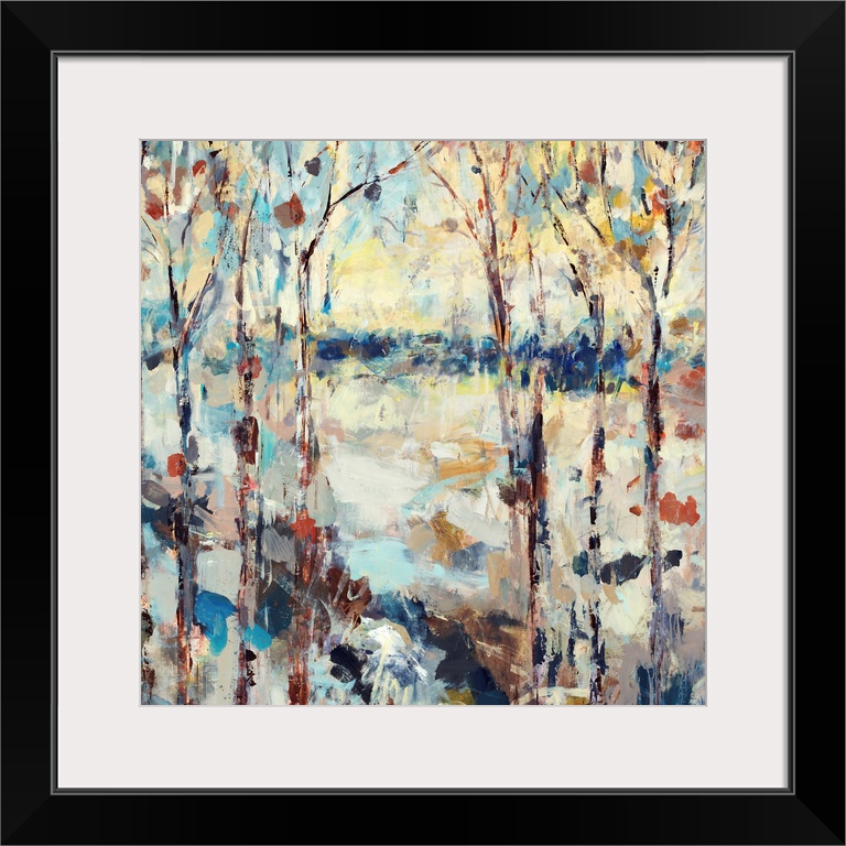 A dramatic abstract painting of a path through a forest on square shaped wall art.