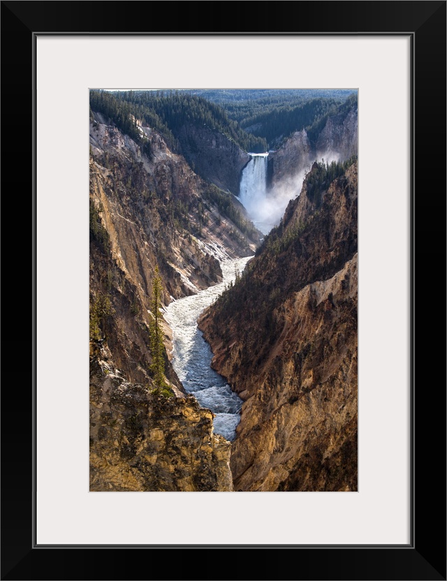 View of Winding Yellowstone River with Lower Falls in the background at Yellowstone National Park, Wyoming.