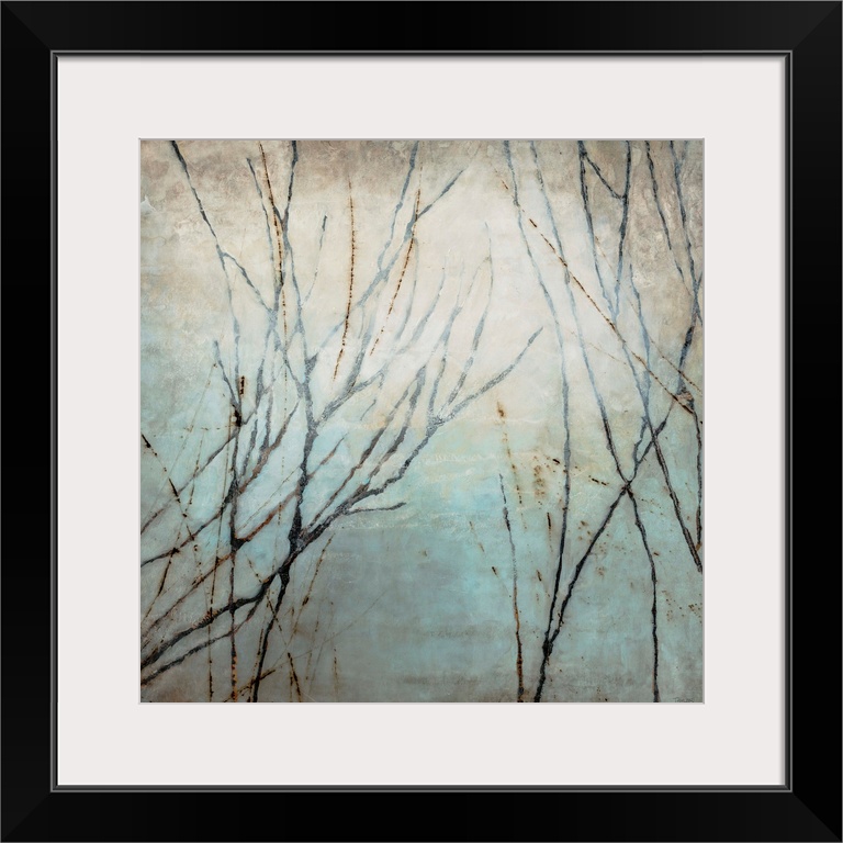 Painting of tree limbs on top of a grungy backdrop on a square canvas.