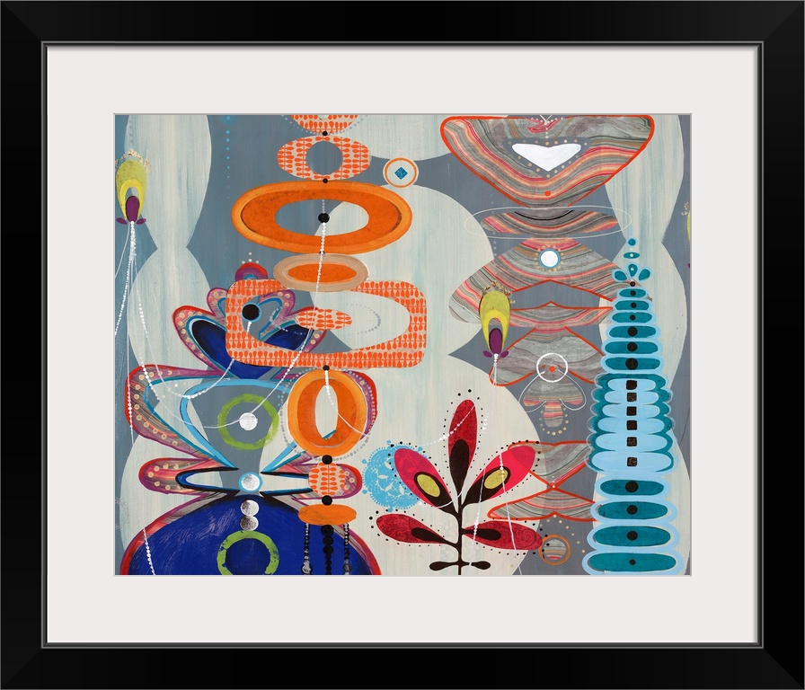 Fun, contemporary painting of eclectic shapes and patterns, reminiscent of the iconic candy factory tale.