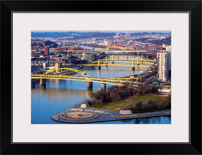 Photo of Fort Duquesne Bridge, Three Sisters Bridges, and David Mccullough Bridge with Point State Park.