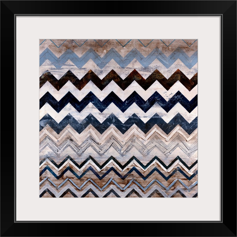 Abstract contemporary painting of a triangular pattern done in neutral earth tones on a square canvas.