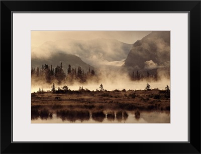 Banff Park landscape with fog and reflections, Banff National Park, Alberta, Canada