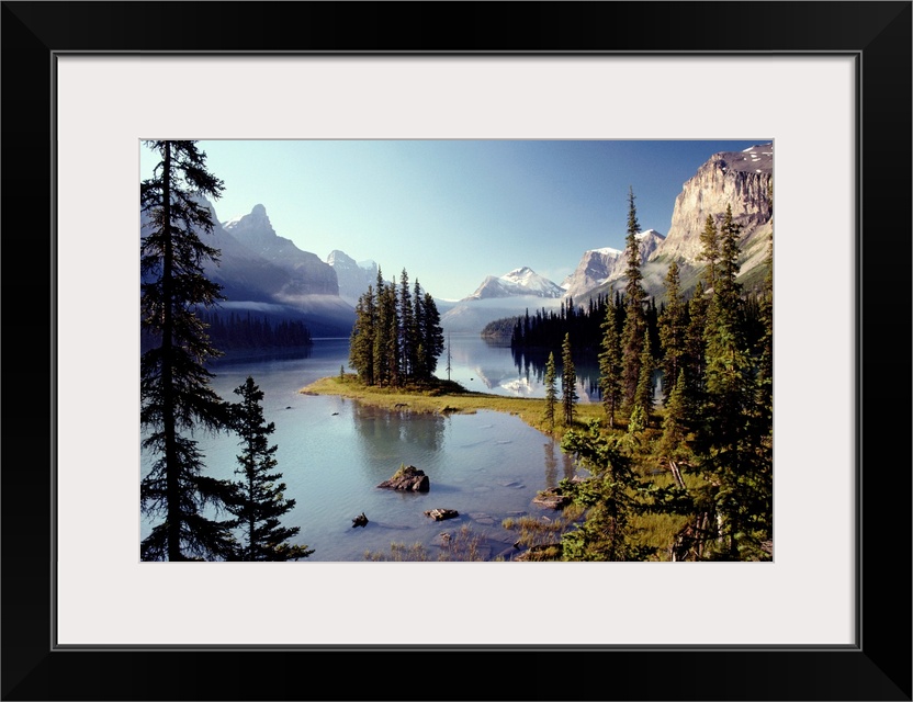 Large wall print of a forest of evergreens meeting and jutting out into a clear lake surrounded by rugged mountains.