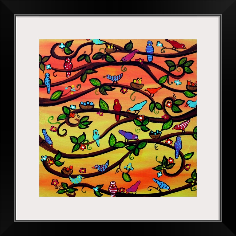 Fun and funky scene with colorful birdies and blossoms against an orange and  yellow background.