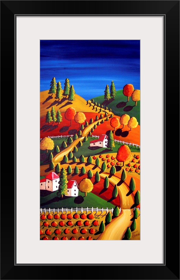 Colorful fall day landscape with pumpkins and trees.